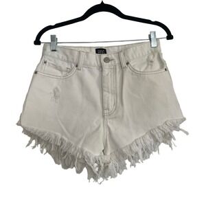 BDG High-Rise Cheeky Shorts Womens 28 Cream Good Frayed Raw Hem Distressed Denim
